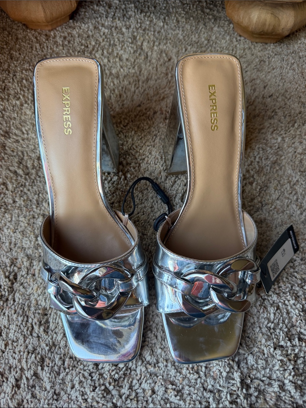 Express Metallic Silver Chain-Front Slide Heels